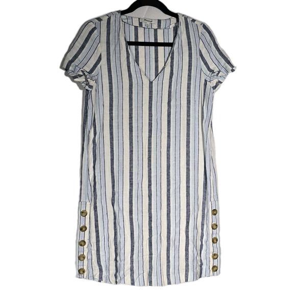 Madewell Women's XS Linen Shift Dress Blue White Stripe V-Neck Side Buttons - Picture 3 of 7